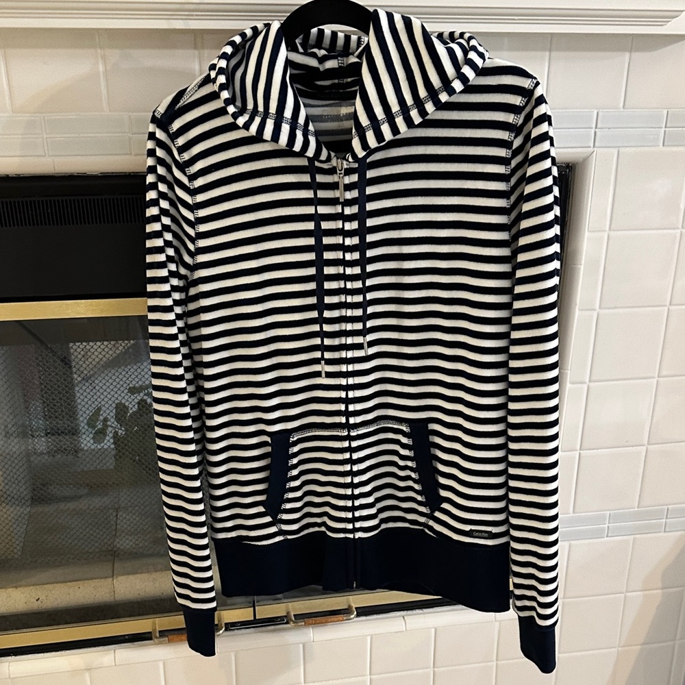 Calvin Klein Performance Dark Navy:cream Striped Zip-Up Velour hoodie-Large NWOT